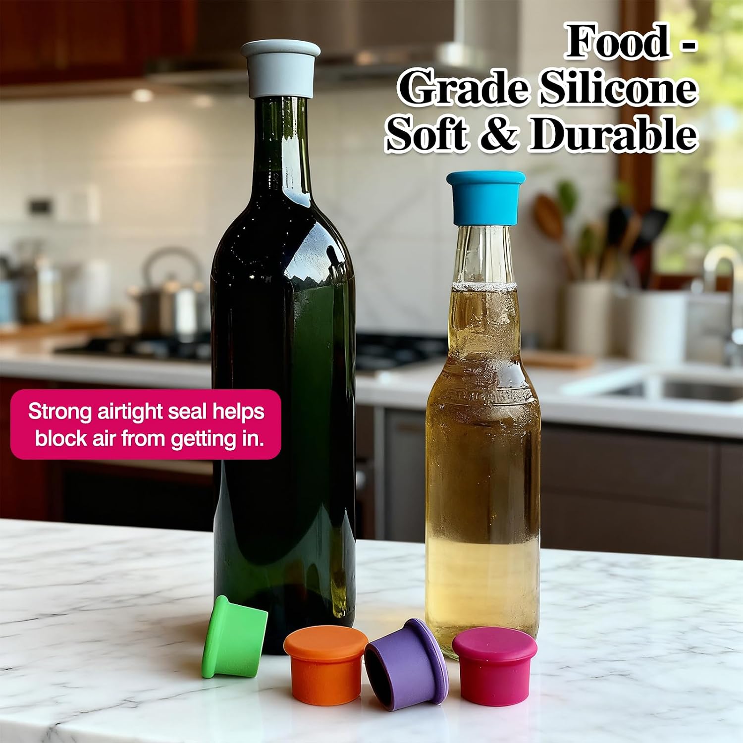 6-Piece Colorful Silicone Wine Bottle Stoppers Set – Reusable Leakproof Bottle Seals