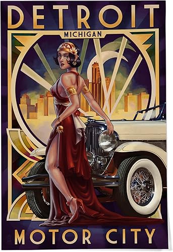 Lantern Press Decoración de pared con impresión giclée de 24 x 36 pulgadas, Detroit, Michigan, Deco Woman and Car