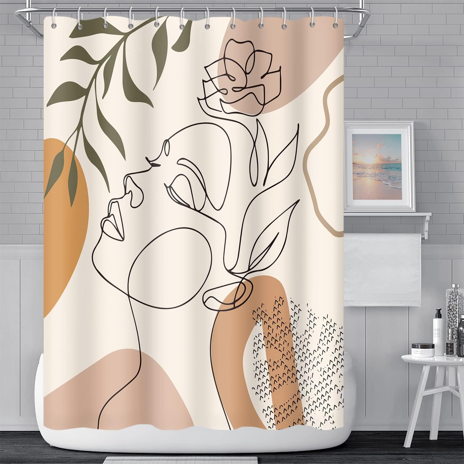 Abstract Woman Face Bathroom Shower Curtain - Mid Century Boho Modern Geometric With Hooks, Polyester Waterproof Fabric, Minimalist Art Line Aesthetic, 72x72 Inch