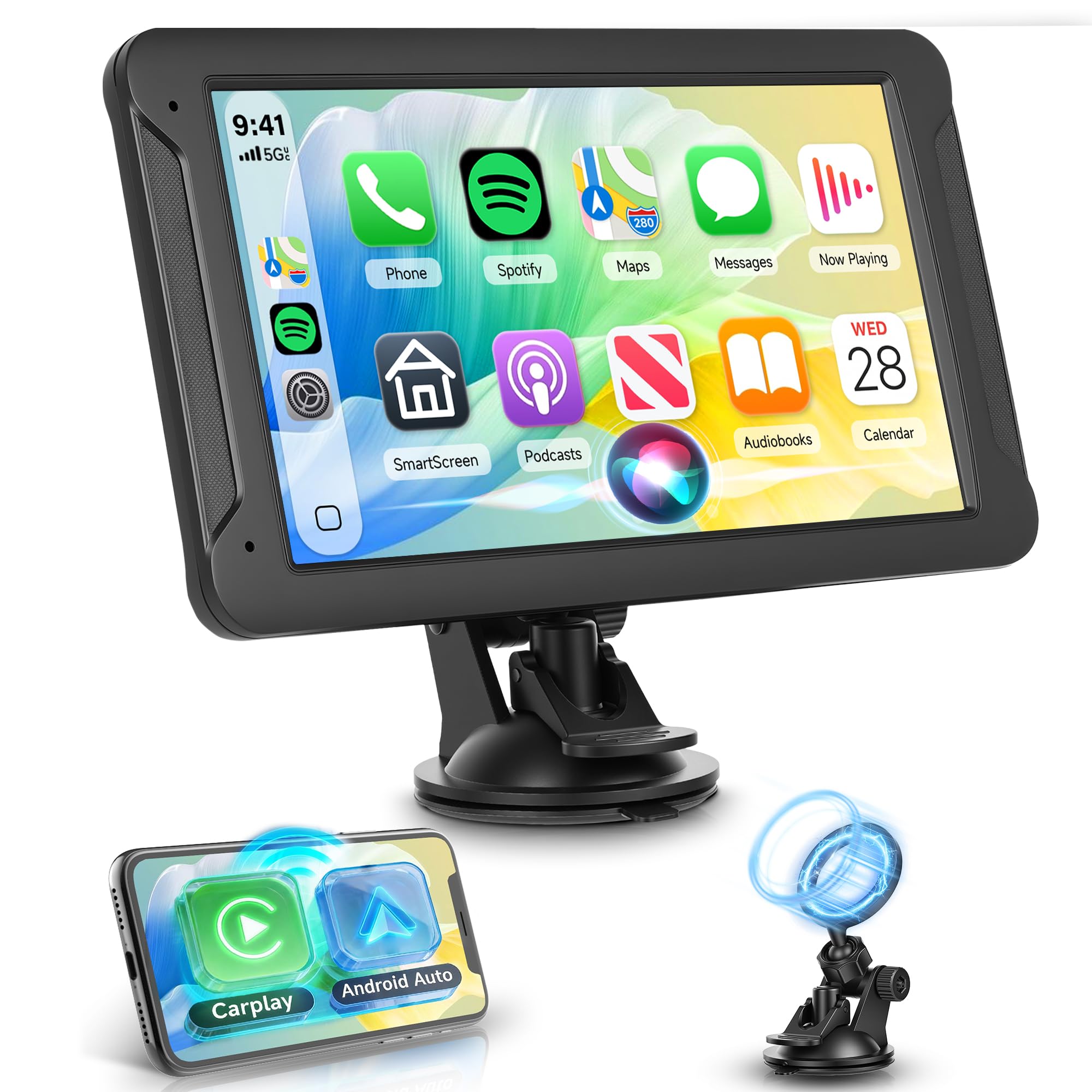 Rimoody Autoradio Portable 7 Pouces avec CarPlay et Android Auto sans Fil - Écran Tactile IPS HD, AirPlay/Android Cast, Émetteur FM, Bluetooth pour Voiture avec Support Magnétique