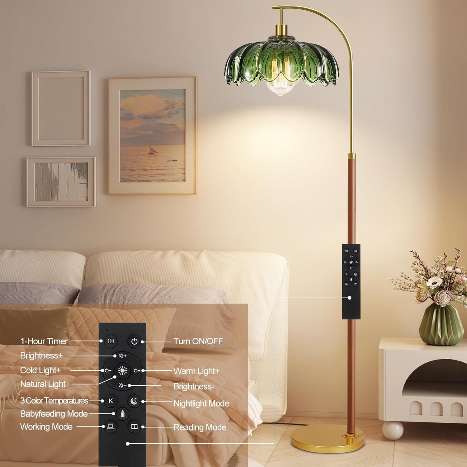 Wood Floor Lamps for Living Room,Gold Floor Lamp with Remote Control & Glass Lampshade,Arc Flower Lamp Dimmable Mid Century Modern Standing Lamp Vintage Farmhouse Tall Floor Lamp For Bedroom Corner