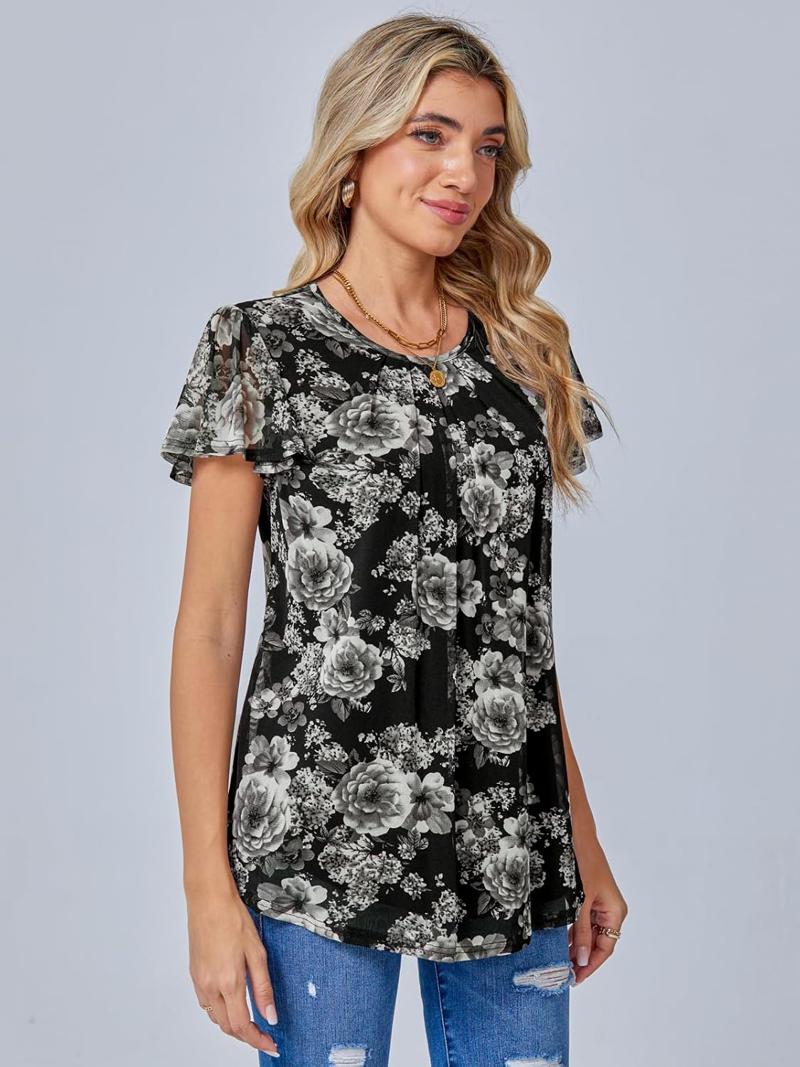 BAISHENGGT Womens Blouses Dressy Casual Shirts Flutter Short Sleeve Pleated Front Mesh Summer Tunic Tops - Image 4