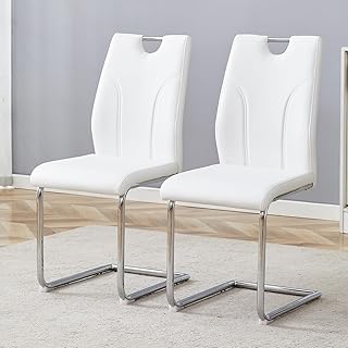 Modern Dining Side Chair, PU Leather Upholstery, High-density Sponge Seat, Ergonomic Tall Back Support, Cantilever Metal Frame, Anti-slip Foot Pads, Living Room Kitchen Bedroom Office (White+Silver,2)