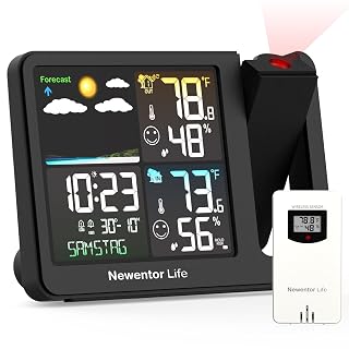 Newentor Projection Alarm Clock, Projection Clock for Bedroom Ceiling, Weather Station Thermometer with Projector Indoor Outdoor TEM&Hum, Forecast, Adjustable Backlight, Black with Red Projector - Amazon product rated Grade A