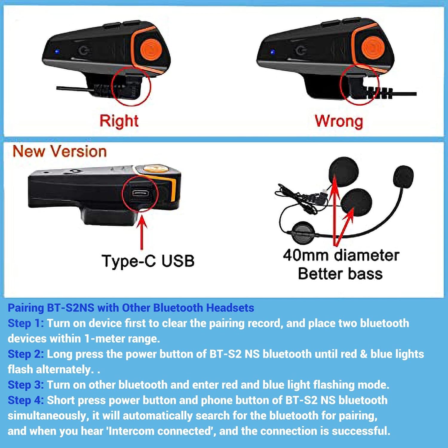 Yaconob BT-S2NS Motorcycle Bluetooth intercom, Snowmobile Helmet Bluetooth Headset, 1000m Helmet Bluetooth Communication System, Connect up to Three People, Two People Talk at The Same time (2 Pack)
