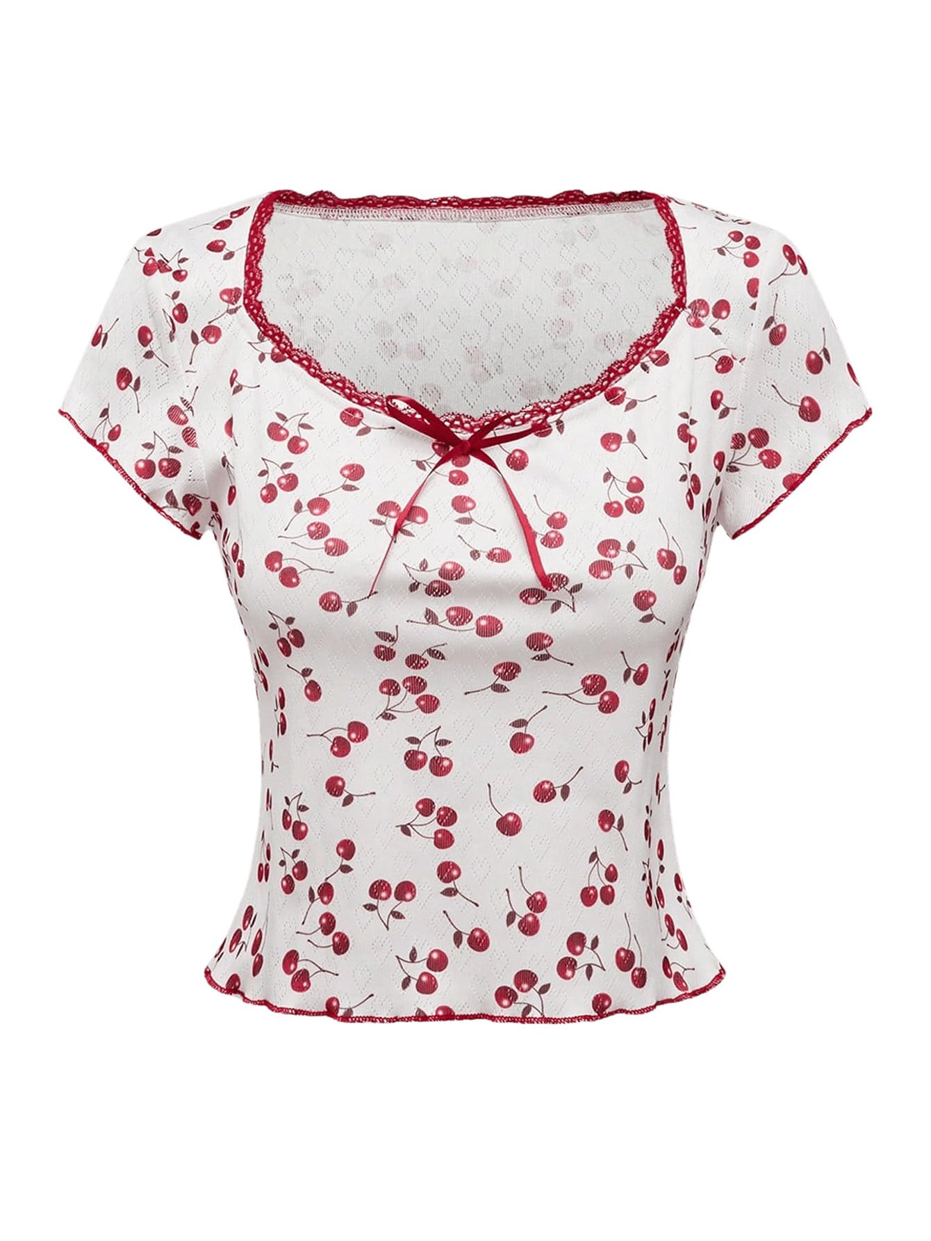 SOLY HUX Women's Summer Short Sleeve Y2k Tees Ditsy Floral Lace Bowknot Tshirts Kawaii Crop Tops