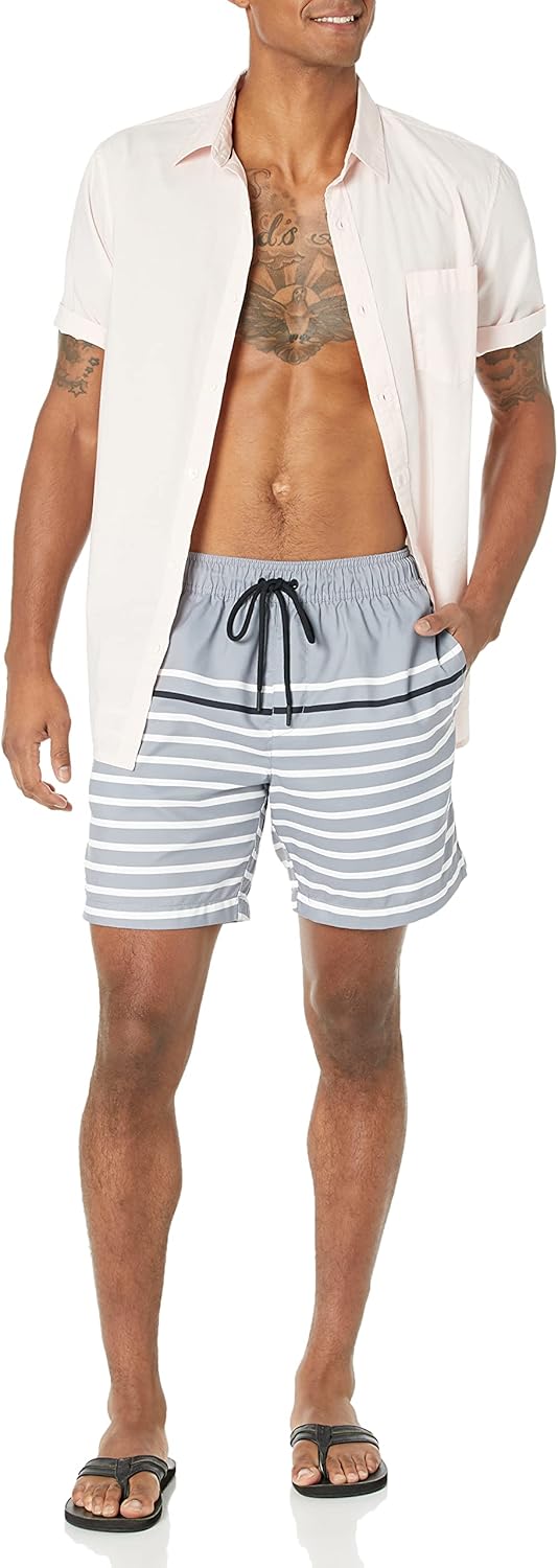 Amazon Essentials Men's 7" Quick-Dry Swim Trunk X-Large Charcoal/Black, Narrow Stripe