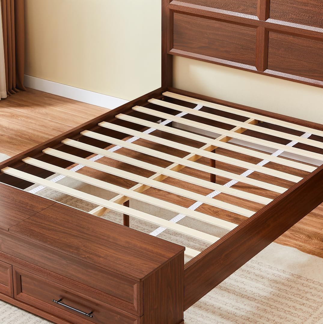 Bellemave Farmhouse Queen Bed with 3D Geometric Headboard and Storage Bench, Rustic Wood Queen Platform Bed with Storage Chest and 2 Large Drawer, Walnut