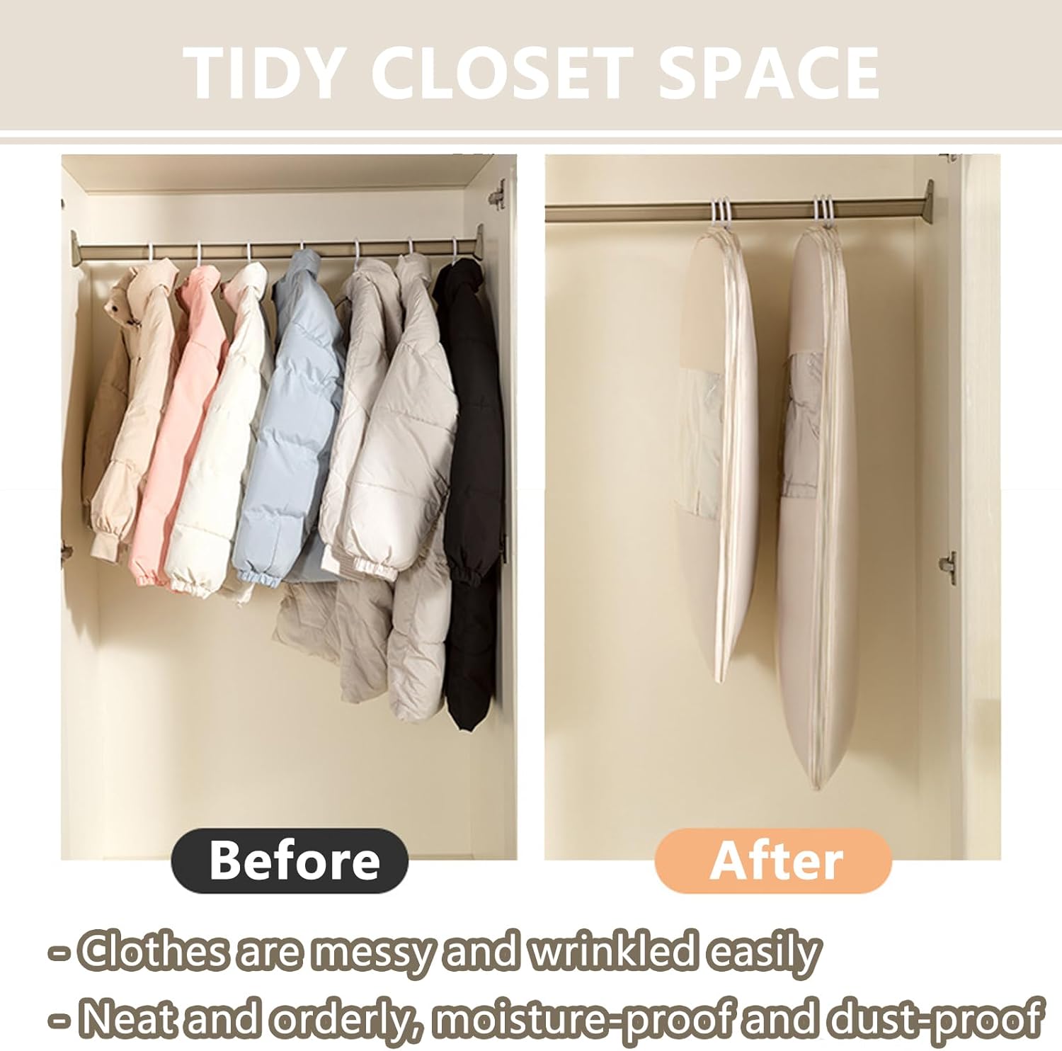 2025 Space Saving Hanging Garment Bag, with Self Compression Zipper, Dust Cover Clothes Storage Bags for Down Coat, Space Saver Clothes Bags, Suitable for Long-Term Storage Organizers (Grey, 3Pcs)