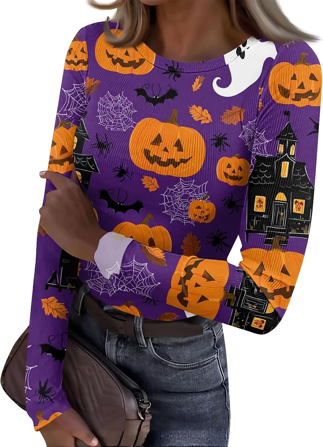 Women Halloween Long Sleeve Crewneck Fall Graphic Shirts | Womens Business Casual Tops, Womens Shirts, Summer Blouses, Halloween Custom for Women, Blusa De Mujer