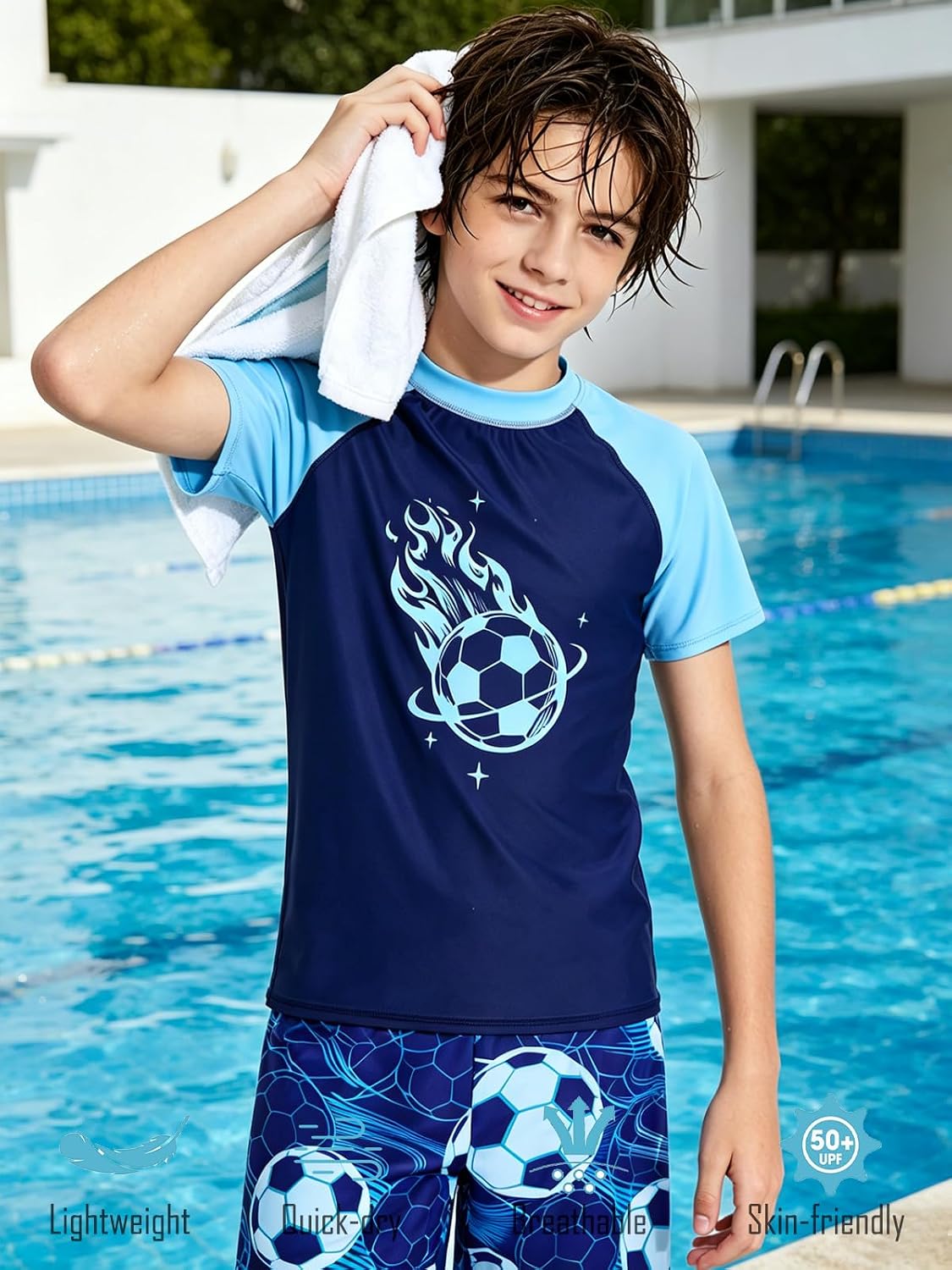Boys Rash Guard Swimsuit Kids Bathing Suit Swim Trunk with Shirt 2 Piece Set for 7-14