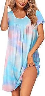 Women's Nightgown Short Sleeve Sleepwear Comfy Sleepshirts Pleated Scoopneck Nightshirt S-XXXL
