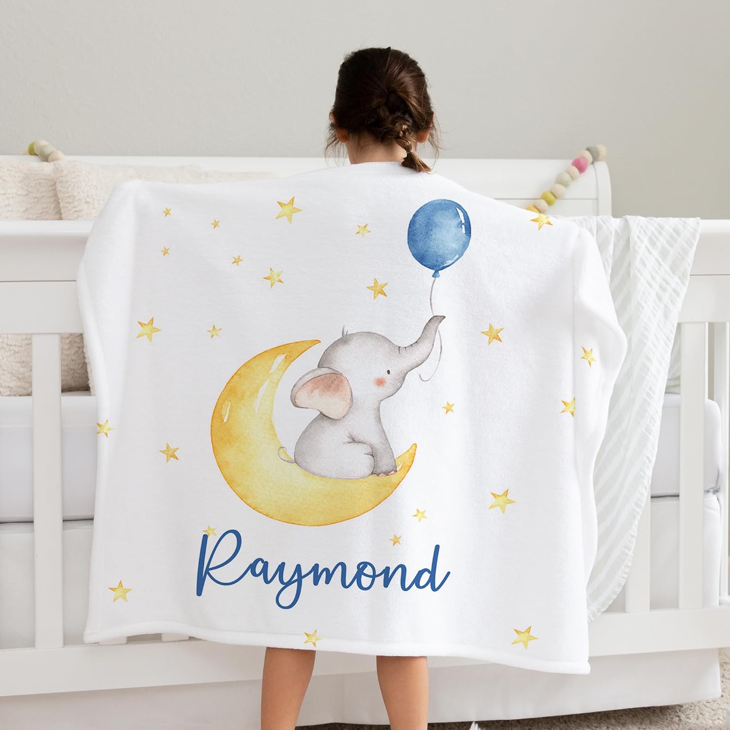 Personalized Elephant Baby Blanket for Boys and Girls, Custom Flannel Fleece Baby Blanket with Name for Kids Children, Customized Crib Bed Sofa Throw Blanket, Newborn Birthday Gift