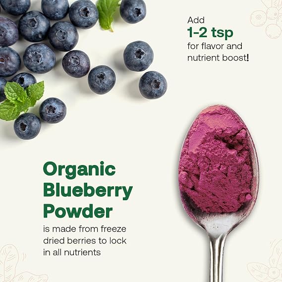 Quay Naturals Organic Blueberry Powder, Freeze-Dried, Non-GMO, Wild-Harvested, 94 Servings, Natural Smoothie Mix, 4 oz