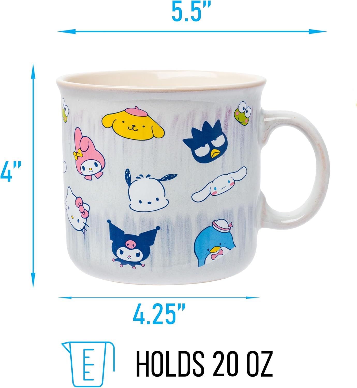 Silver Buffalo Sanrio Hello Kitty and Friends Featuring My Melody, Badtz-Maru, Pochacco, Keroppi, Pompompurin, Cinnamoroll, Kuromi, and Tuxedo Sam Reactive Glaze Ceramic Camper Mug, 20 Ounces - Image 2