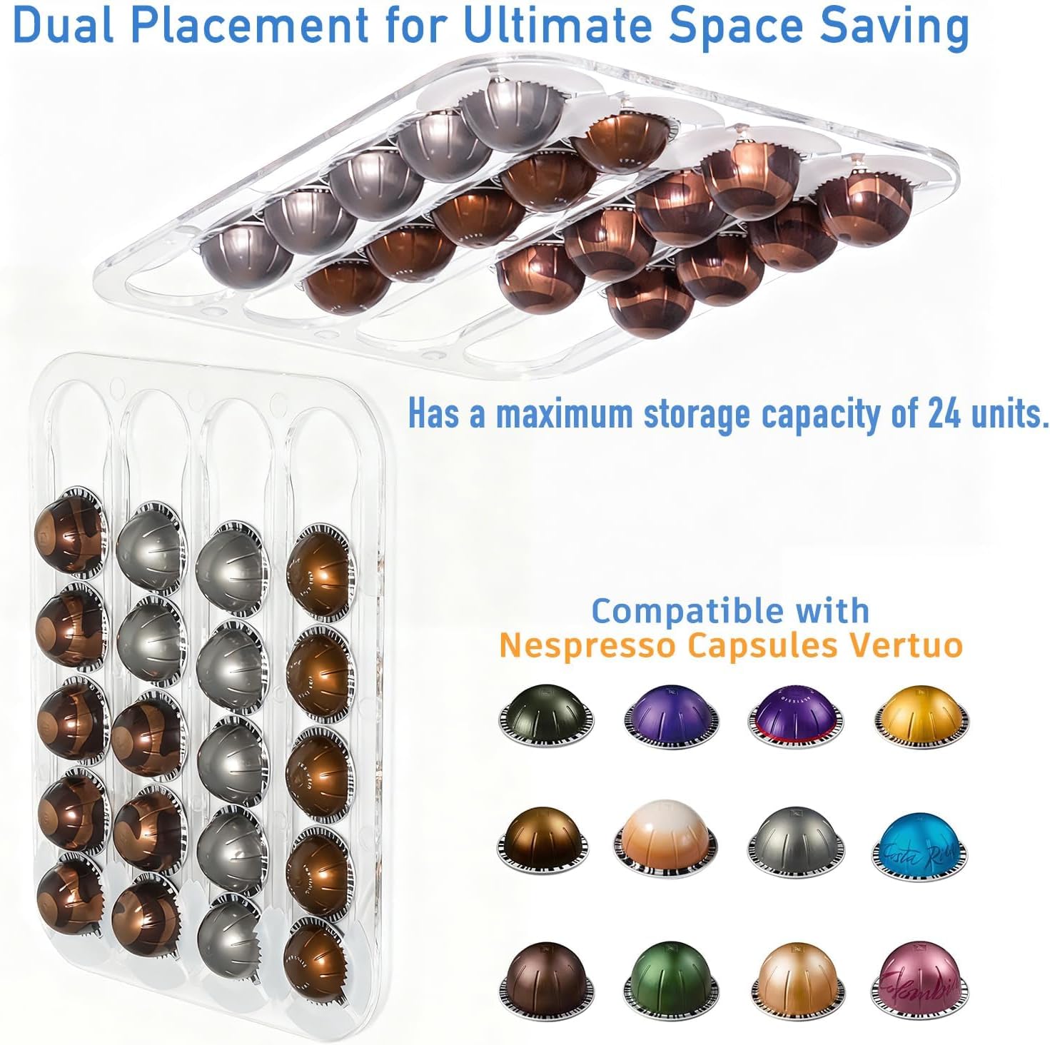 Nespresso Vertuo Pods Storage Organizer, Acrylic Coffee Pod Holder Holds Up to 24 Capsules in 4 Rails |Enter from One Side, Pull Out from the Other|- Color Clear