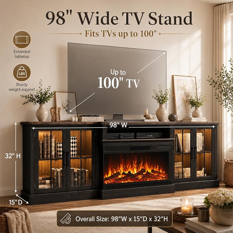 Black 98" Farmhouse TV Stand with 36" Fireplace for Living Room,Media Entertainment Center with Adjustable Shelves and Large Storage Cabinets, TVs up to 100" image 2
