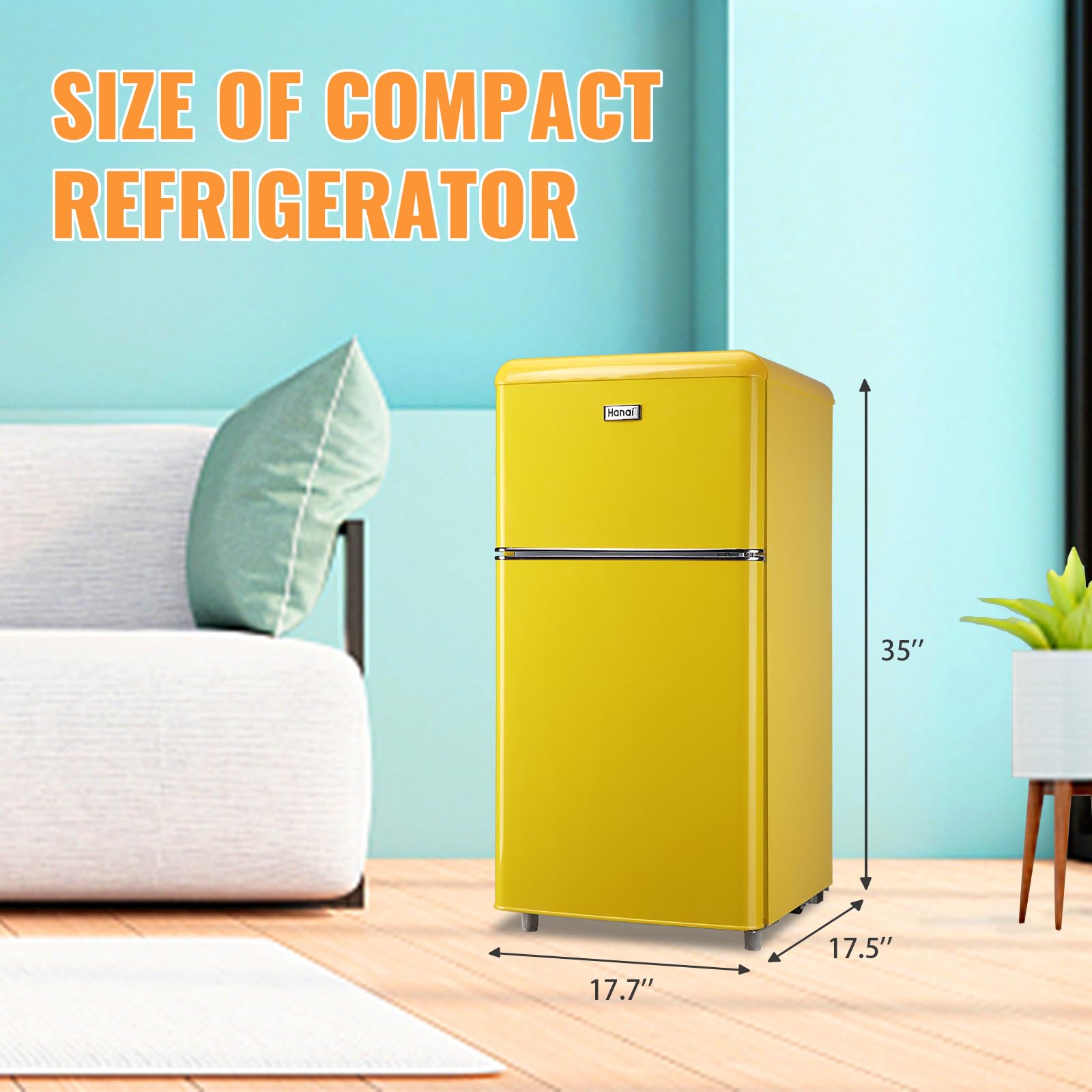 WANAI Mini Fridge Dual Door Refrigerator With Freezer 3.5 Cu.Ft, Compact Refrigerator With Adjustable Temperature & Removable Glass Shelves, Fridge For Apartment/Dorm/Office/RV, Yellow on Fridge.com - View 6