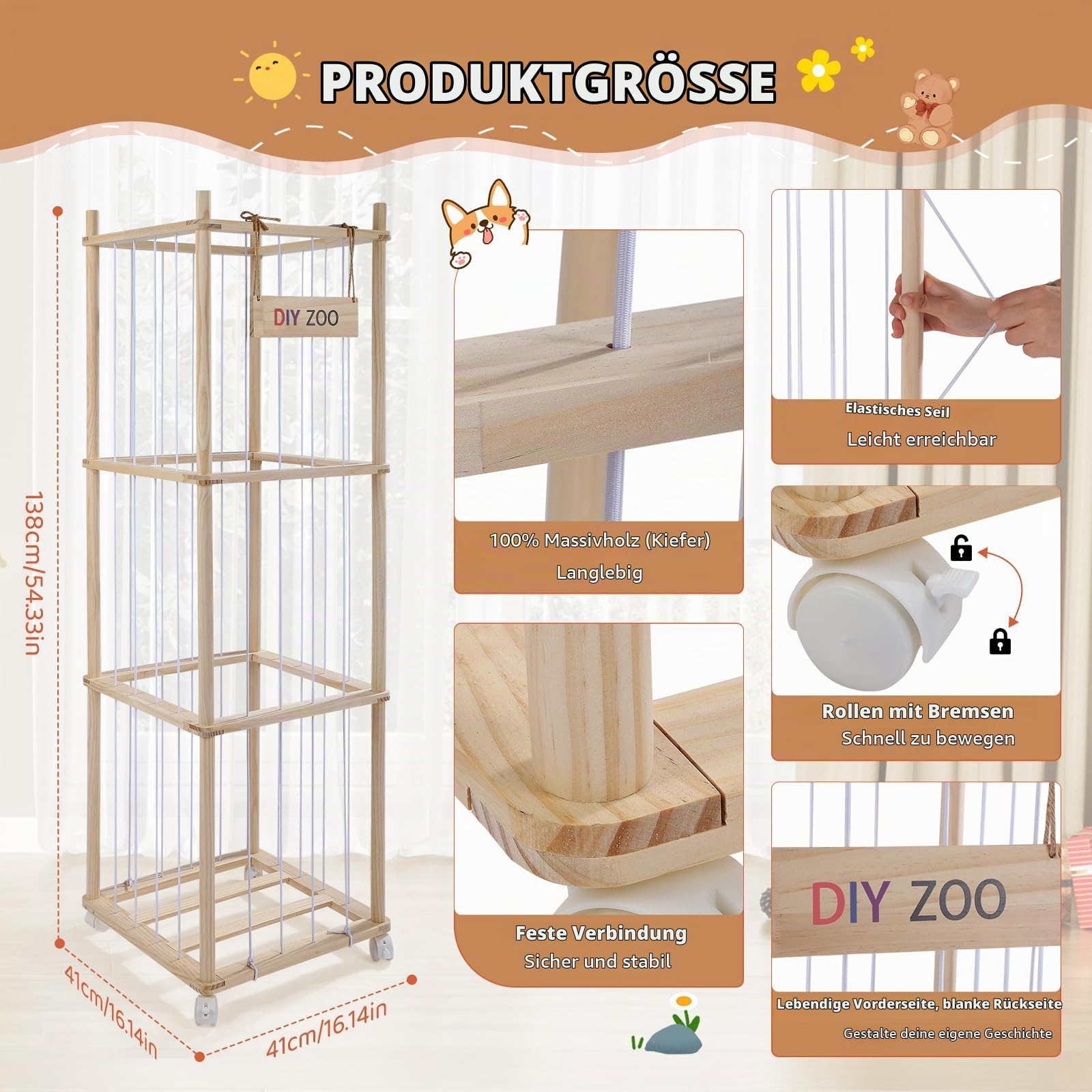 Sunowl Kuscheltier Aufbewahrung, Stofftier Aufbewahrung Mit 360°Bremse-Ausgestattete Räder,138 * 41 * 41cm für Kinderzimmer, Spielzimmer, Wohnzimmer usw