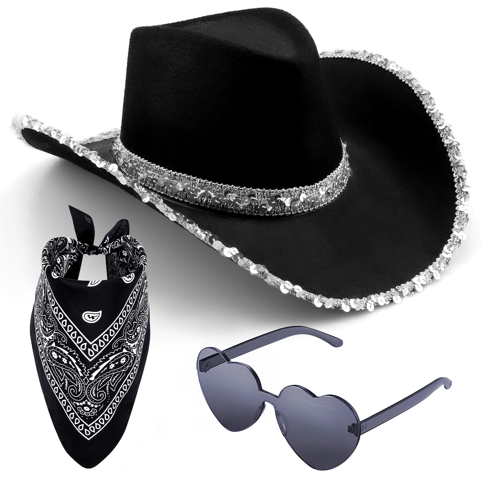 Tanganan Cowboy Hat for Women Men Cowgirl Hat Sparkly Cowboy Hats for Halloween Costume Dress Up,Bachelorette Theme Party (Black)