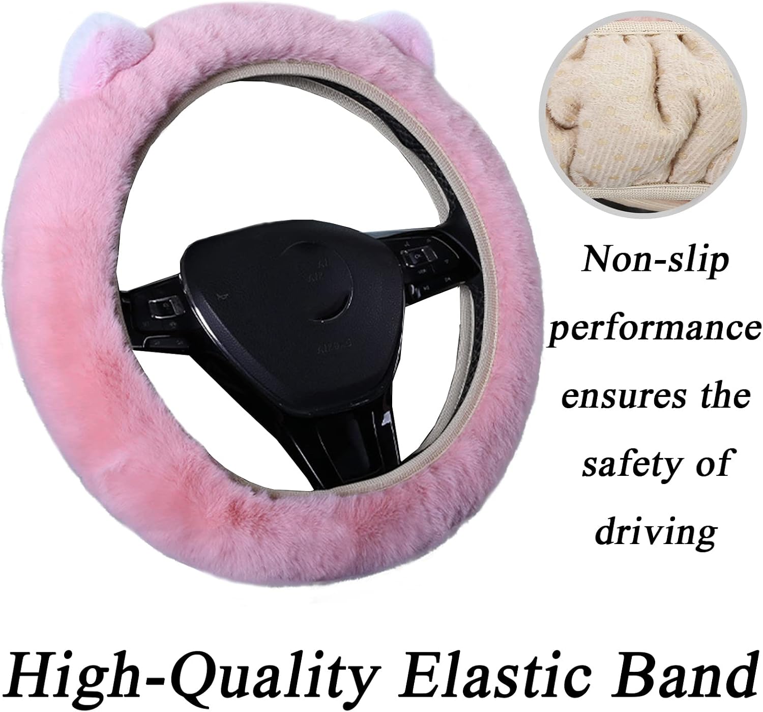 JXJKMMN Cute Fluffy Steering Wheel Cover - Furry Ear, Winter Warm Fuzzy Car Decoration (Pink)