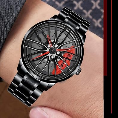 Car Wheel Watch, Stainless Steel Rim Watch with Japanese Quartz Movement, Waterproof Sports Wrist Watch, Racing Watch for Men/Car Enthusiast