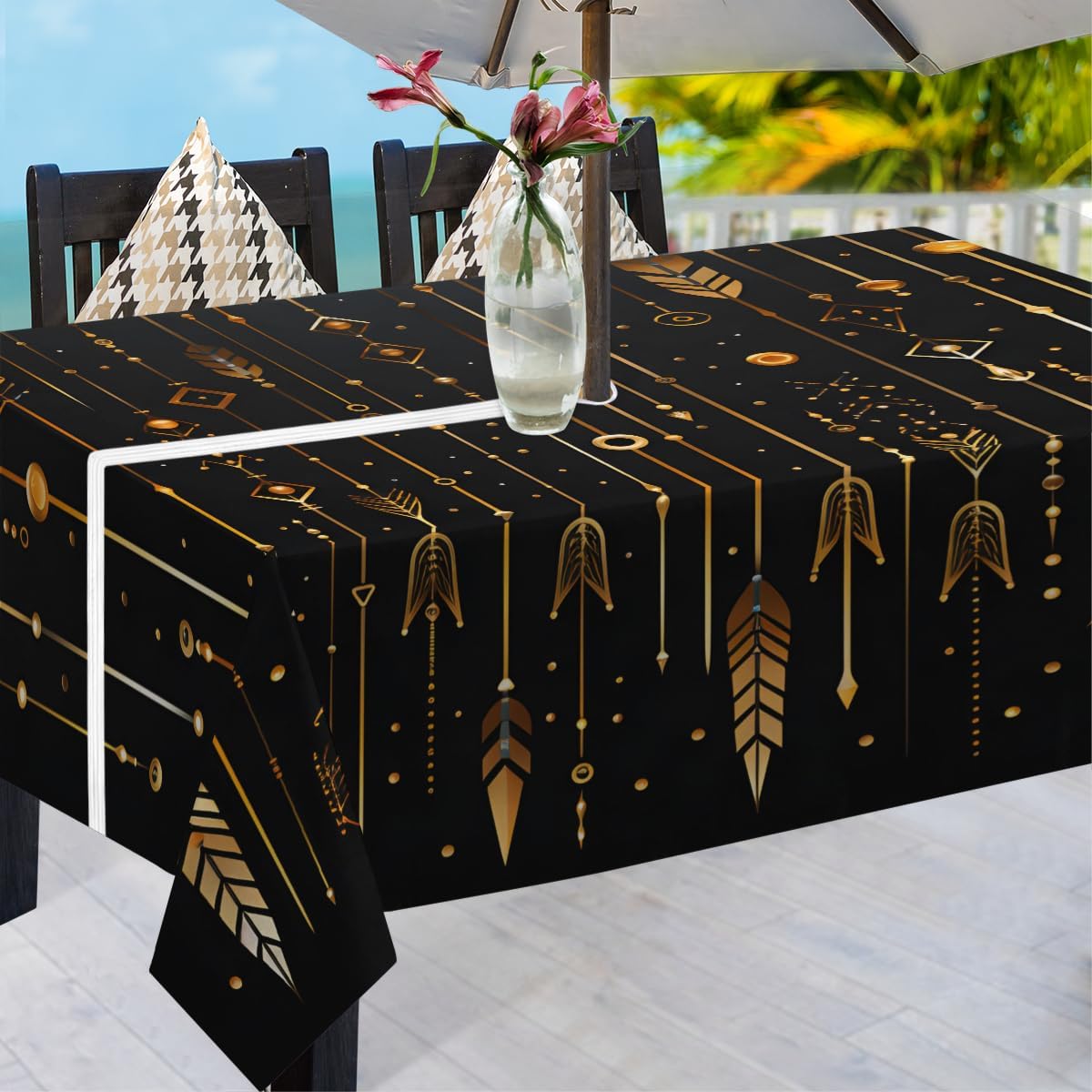 60"x60" Square Tablecloth with Umbrella Hole and Zipper, Oil-Proof Waterproof Feather Arrow Outdoor Table Cloth Arrow Ethnic Patio Table Cover for Picnic Party BBQ