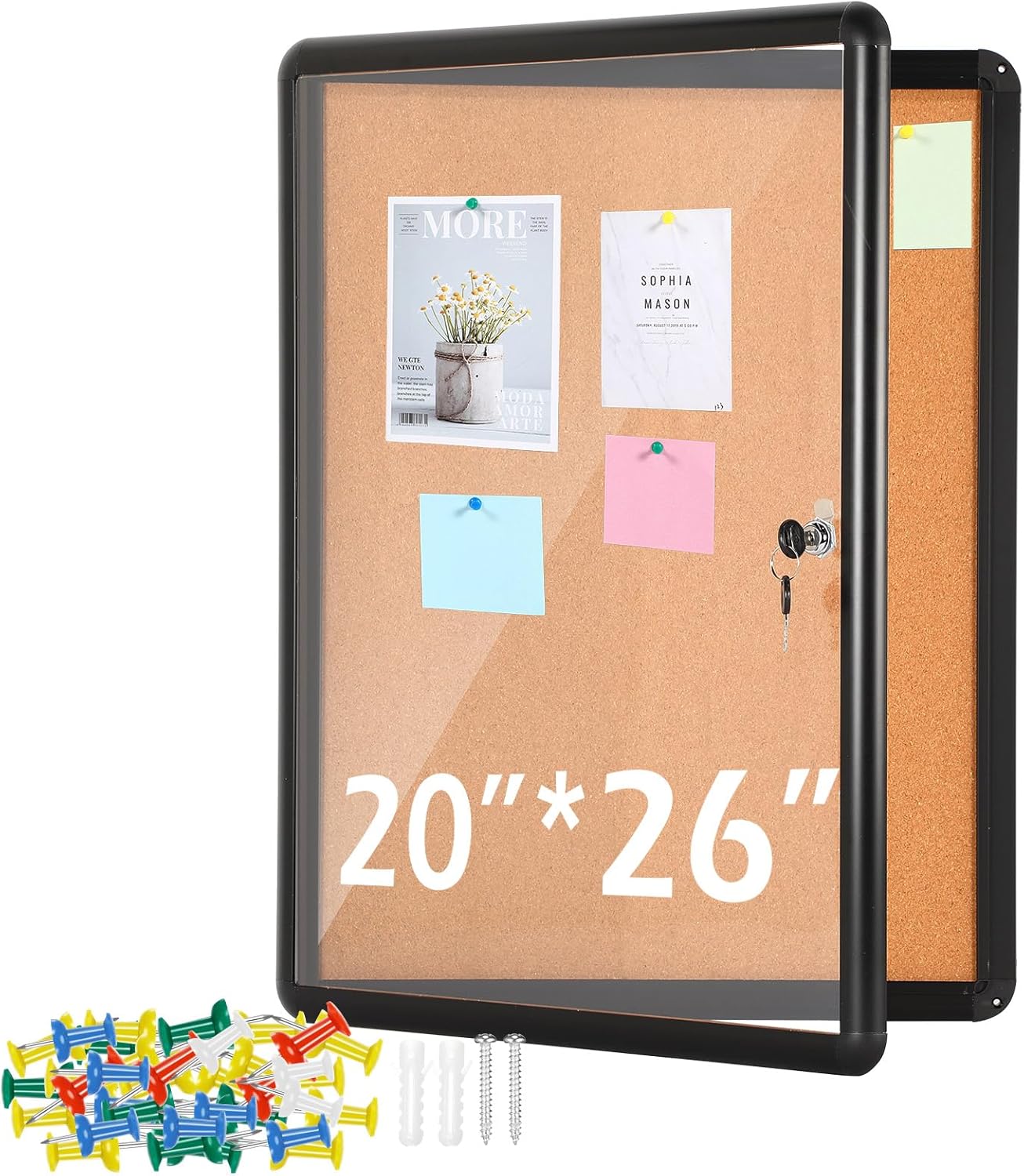 Suzile Enclosed Bulletin Board 20 x 26 Inches Lockable Notice Board Aluminum Framed Locking Display Case with 4 Matching Keys for Office Home School, Black