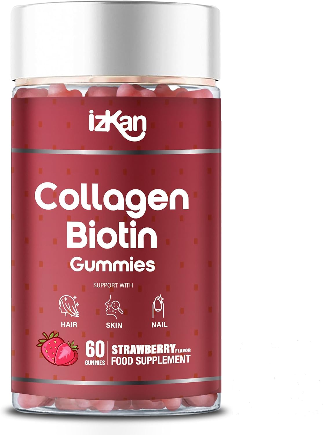 Collagen Gummies with Zinc, Biotin, Vitamin C & E – Type 1 Hydrolysed Collagen for Hair, Glowing Skin Nails & Joint Support – High Absorption, Gluten-Free, Natural Strawberry Flavour – 60 Gummies (1)