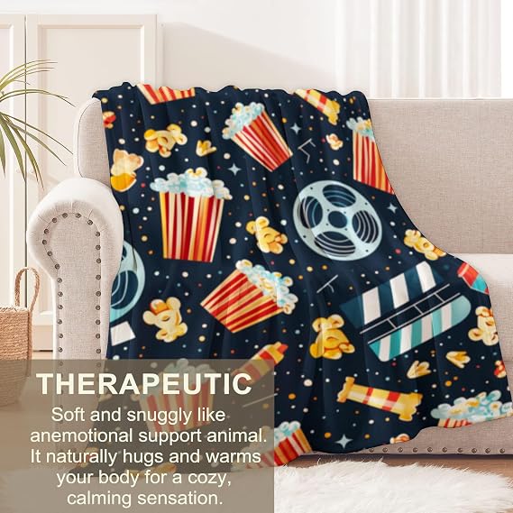 Movie Blanket for Adults Kids, Flannel Movie Blankets Gifts, Cinema Popcorn Movie Throw Blanket for Sofa Couch Bed Living Room Soft Warm Cozy Movie Decor 60 x 50