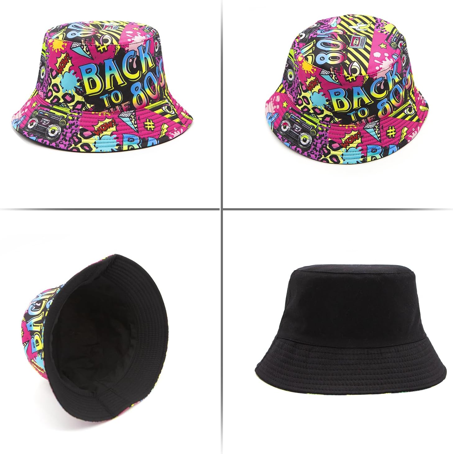 YAMEIZE Retro Style 80s Summer Bucket Hat for - Women Men Teens Vintage Reversible Double Side Fisherman Hat Sun Outdoor