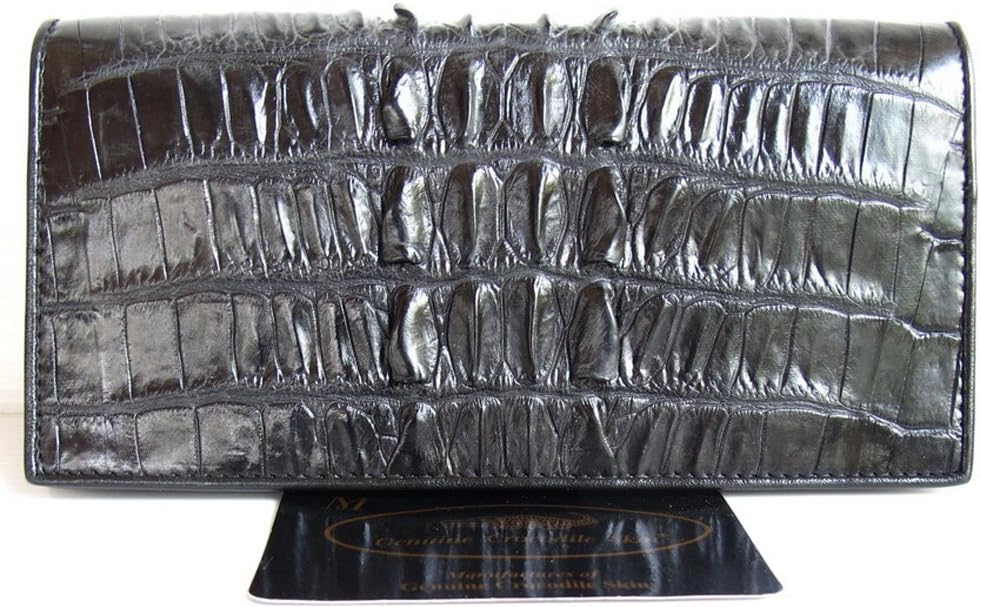 Julie Genuine Real Tail Crocodile Skin Leather Checkbook Long Black Wallet