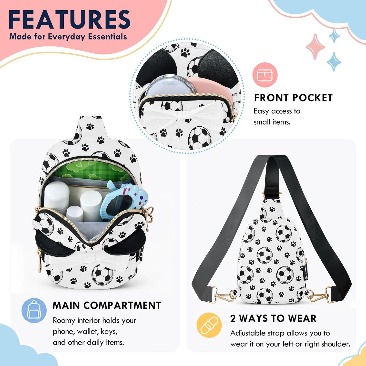 Sinestour Soccer Ball Paw Kids Sling Bag for Girls, 7.5x3.1x5.7Inches | Crossbody Fanny Pack, Toddler Purse, Cute Sling Belt Bag with Ears, 2L Small Shoulder Chest Bag for Travel