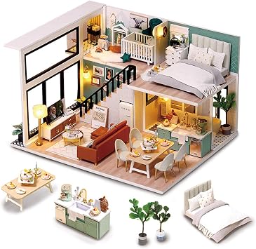GuDoQi DIY Miniature Dollhouse Kit, Tiny House with Furniture and Music, 124 Scale, Great Crafts Gift for Birthday Christmas Day, Comfortable Life