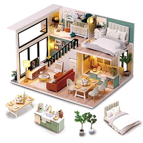 GuDoQi DIY Miniature Dollhouse Kit, Tiny House with Furniture and