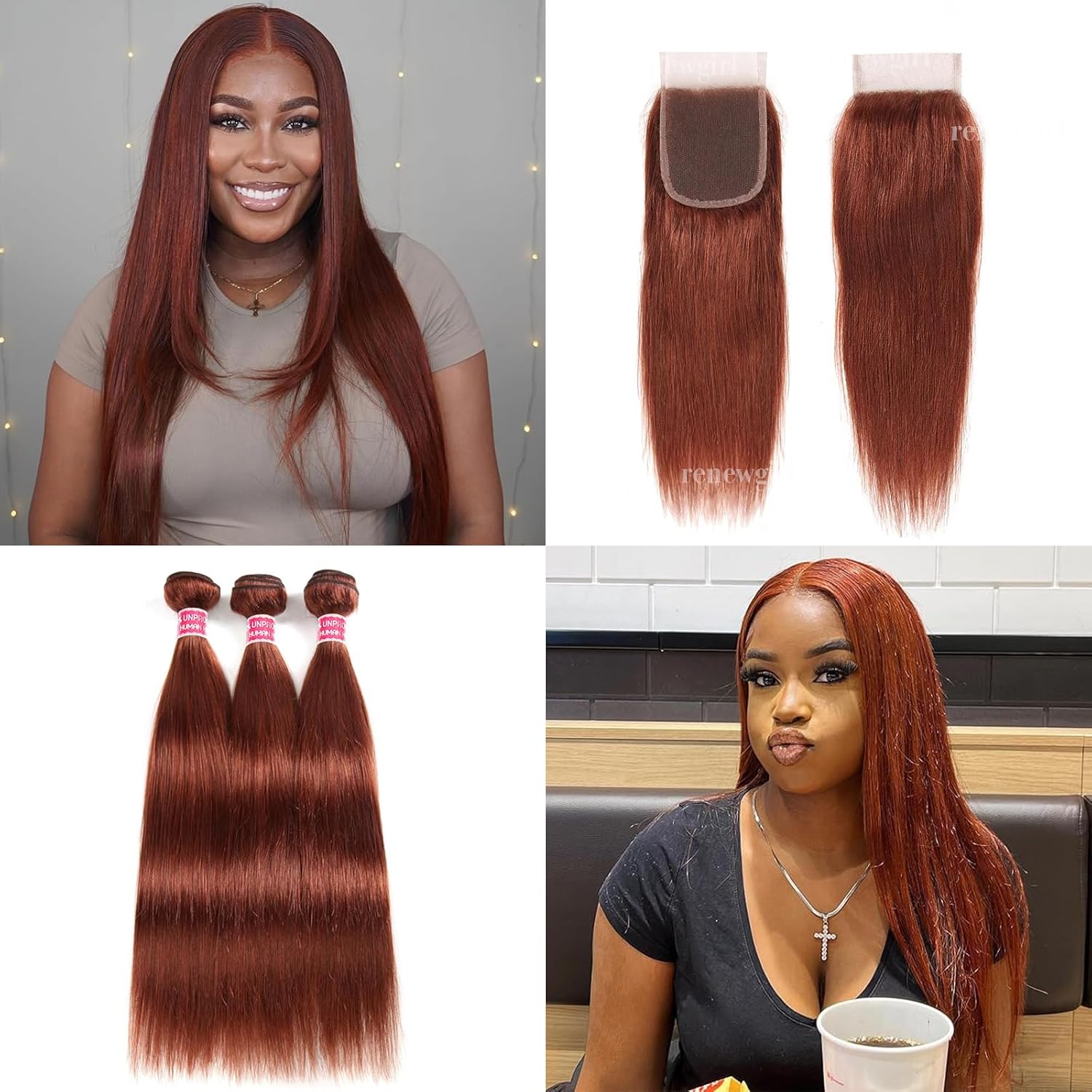 Straight Bundles With Closure Human Hair 10A Reddish Brown Human Hair Bundles With 4x4 Lace Closure 14 16 18 +14inch Free Part Brazilian Remy Hair Weave 3 Bundle and Closure