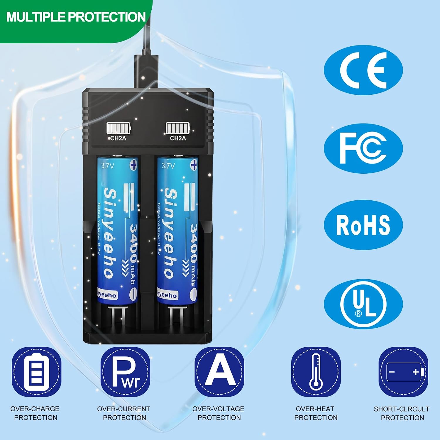 2-Slot 18650 Battery Charger Set 4pcs 3300mAh Flat Top | Universal 3.7V Li-ion Batteries Charger for 18650 26650 18500 14500(No Suitable for nimh & 1.5V Batteries)