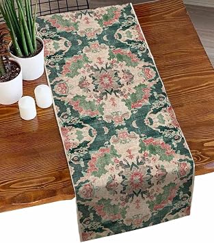 Pink Green Boho Table Runners 36 Inches, Cotton and Linen Abstract Medieval Vintage Ethnic Floral Coffee Tablerunner Dresser Scarves for Kitchen Island, Bedside, Small 13" x 36"