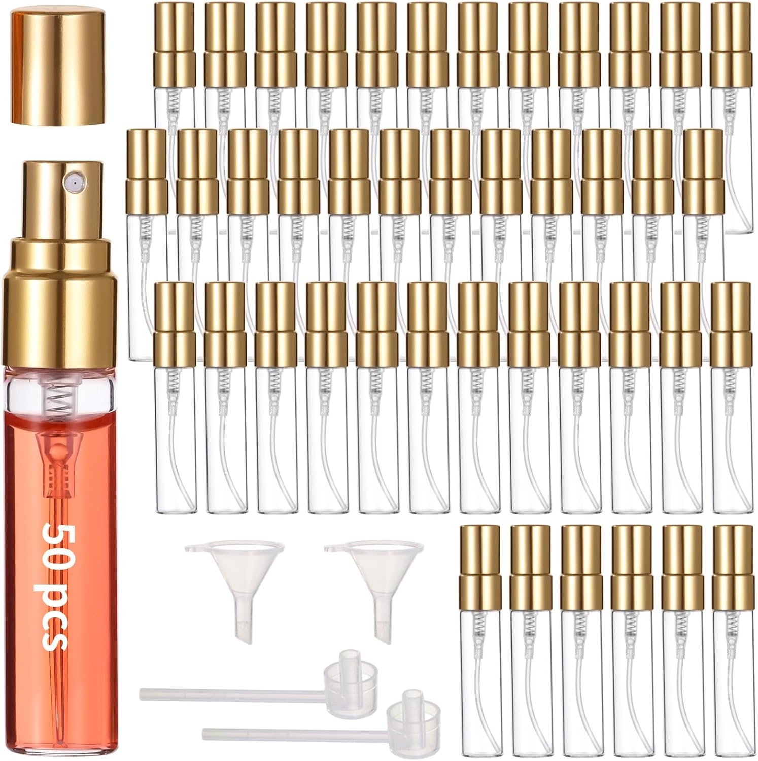 Lnrueg 50 Pcs 5 ml Perfume Bottles - Small Refillable Glass Perfume Bottles, Portable Travel Sample Containers with Caps, Fine Mist Atomizers with 2 Funnels and 2 Dispensers, Gold