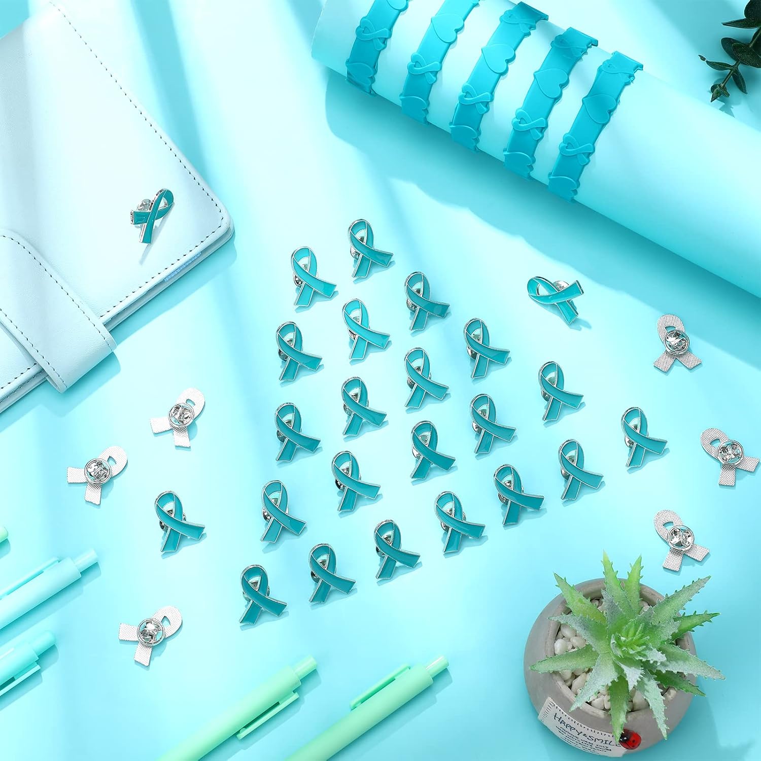 Sasylvia 100 Pcs Teal Ribbon Lapel Pins Bulk Ovarian Cervical Cancer Sexual Assault Awareness Products Scleroderma PTSD Awareness Thyroid Cancer Jewelry Metal Pin Badge Brooch