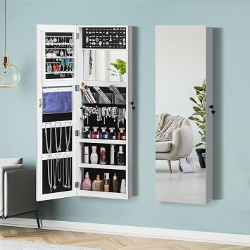 Full Length Mirror Jewelry Cabinet - 3-Layer Shelf Wall Mounted Jewelry Organizer - Jewelry Armoire with Mirror - Lockable Whole Body Mirror Cabinet - Wall and Door Hanging Jewelry Organizer - White