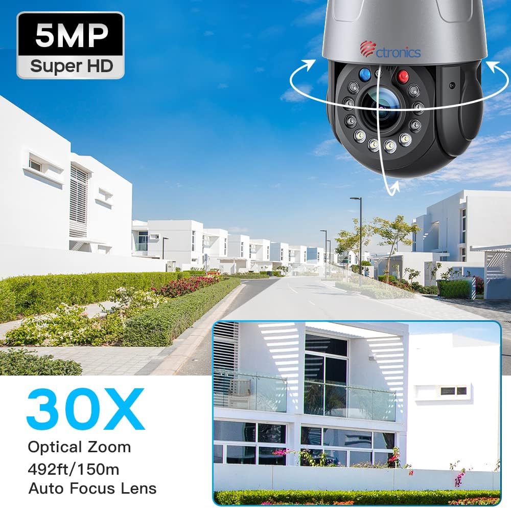 Ctronics 5MP PTZ Security Camera Outdoor 30X Optical Zoom, WiFi IP Dome Cameras 492ft IR Night Vision & Color Night Human Detection Auto Tracking Cruise 2-Way Audio IP66