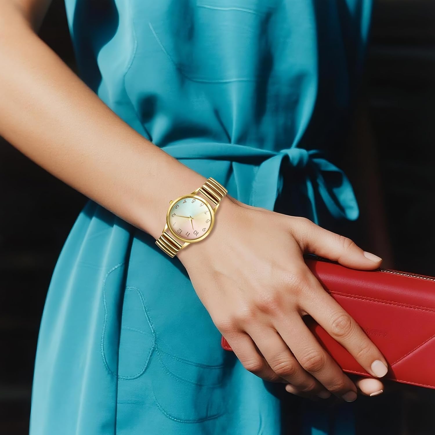 Avaner Women's Stretch Band Watches: Ladies Elastic Strap Gold-Tone Easy Reader Colorful Dial Analog Quartz Bangle Wrist Watch