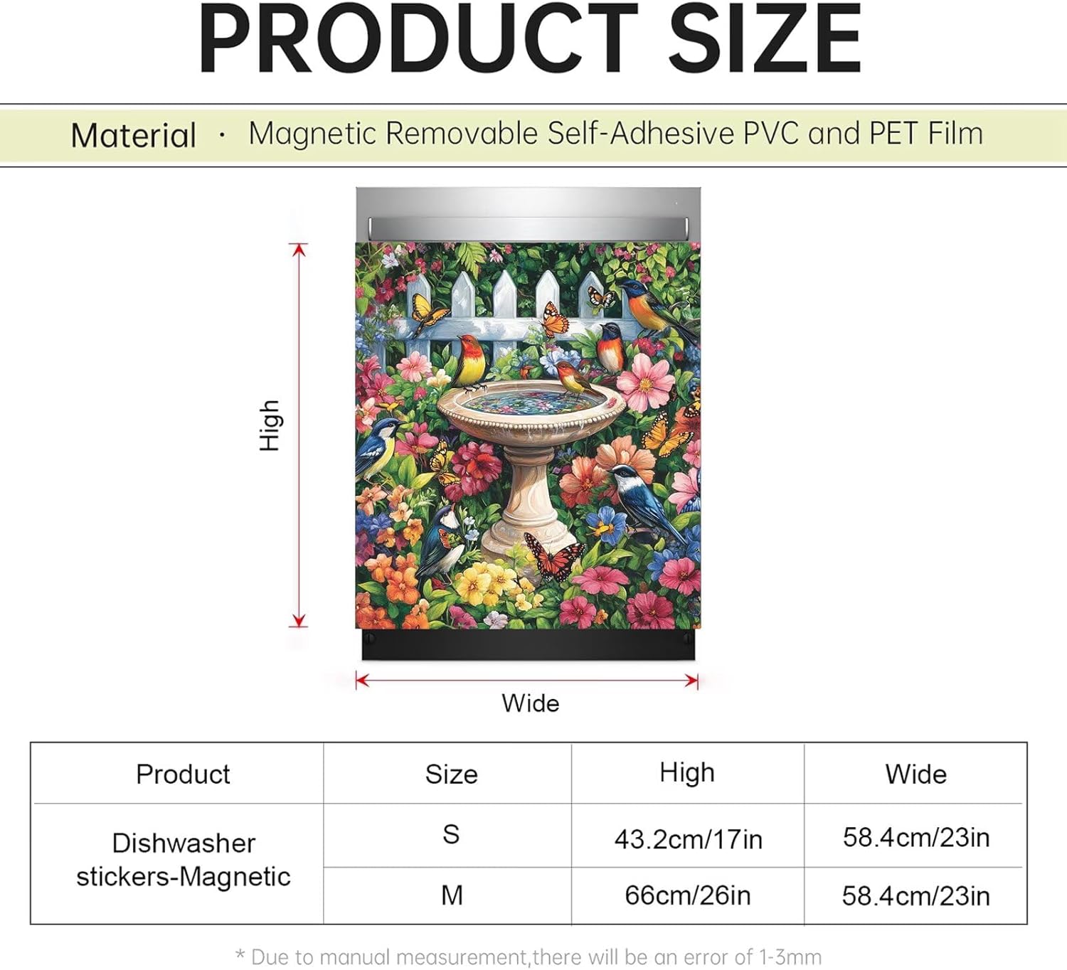 Garden Birds Dishwasher Magnet Cover Decal Vinyl Sticker, Bird Pond Magnet Refrigerator Door Cover, Colorful Flowers and Butterflies Dishwasher Front Door Cover (23" x 26" Magnetic)