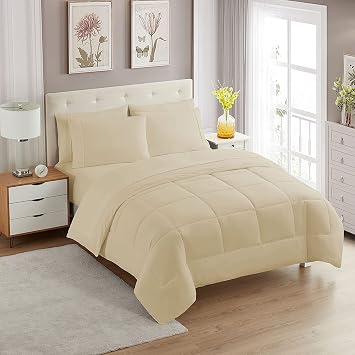 5 PC Bedding Set Queen Size Beige Goose Down Comforter Set 100% Cotton 500 GSM Fill, 800 Thread Count All Season Bed-in-A-Bag Box Stitched Comforter & Sheet Set Fit Upto 24" Deep Pocket