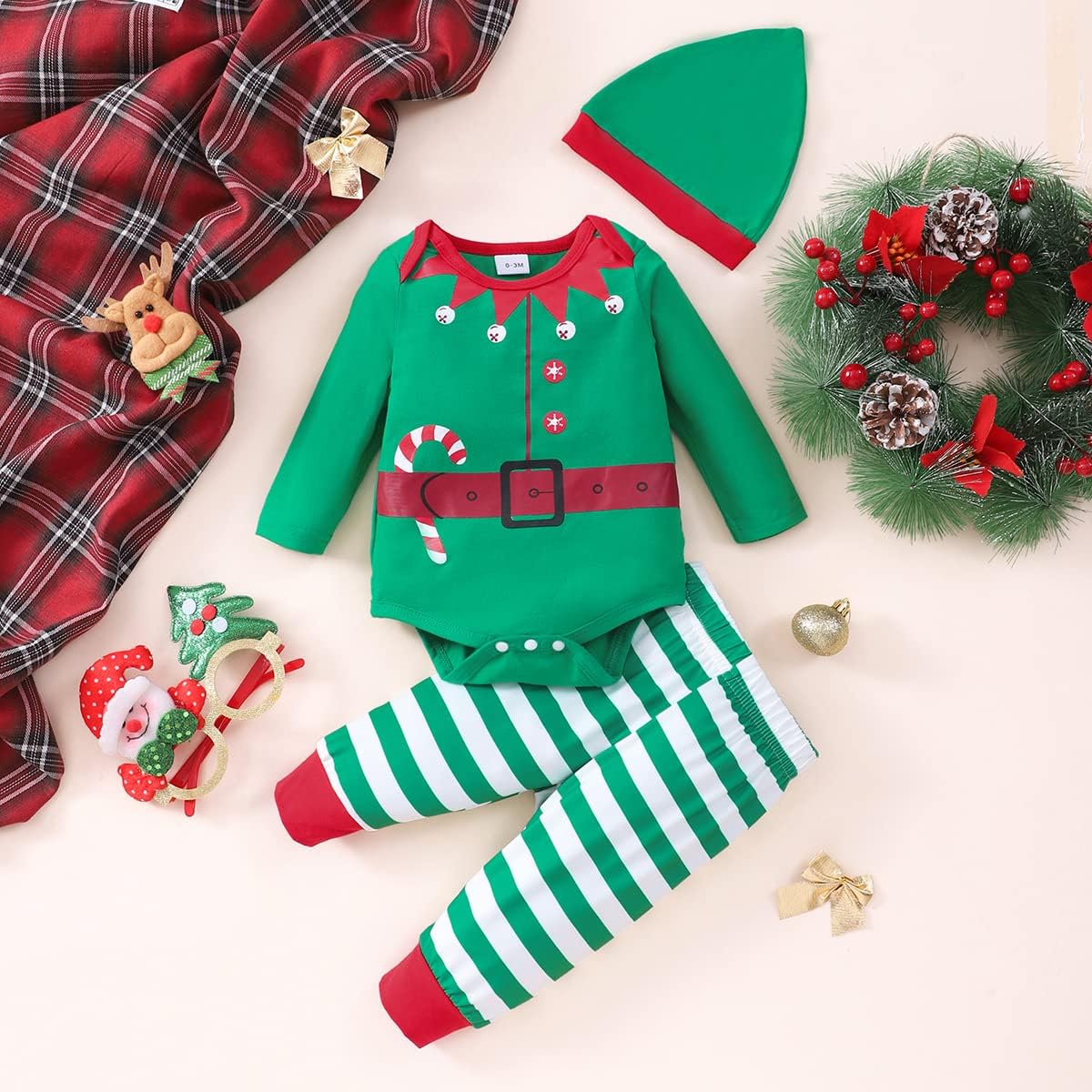 Newborn Baby Boys Girls Christmas Outfit Infant Xmas Romper Elf Santa Clothes - Image 2