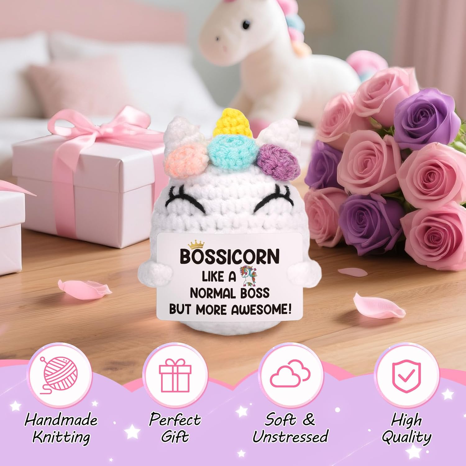 Boss Birthday Gifts for Women Boss Lady, Bosses Day Gifts for Women Her Female, Christmas White Elephant Boss's Thank You Gift for Leader Supervisor Manager Handmade Crochet Unicorn Office Desk Decor