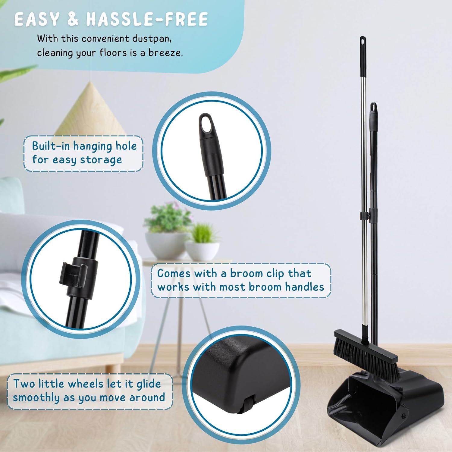 Dustpan with Long Handle, 37’’ Upright Dust Pan, Heavy Duty Standing up Dustpans for Indoor, Outdoor, Home, Office, Commercial, Industrial, Shop