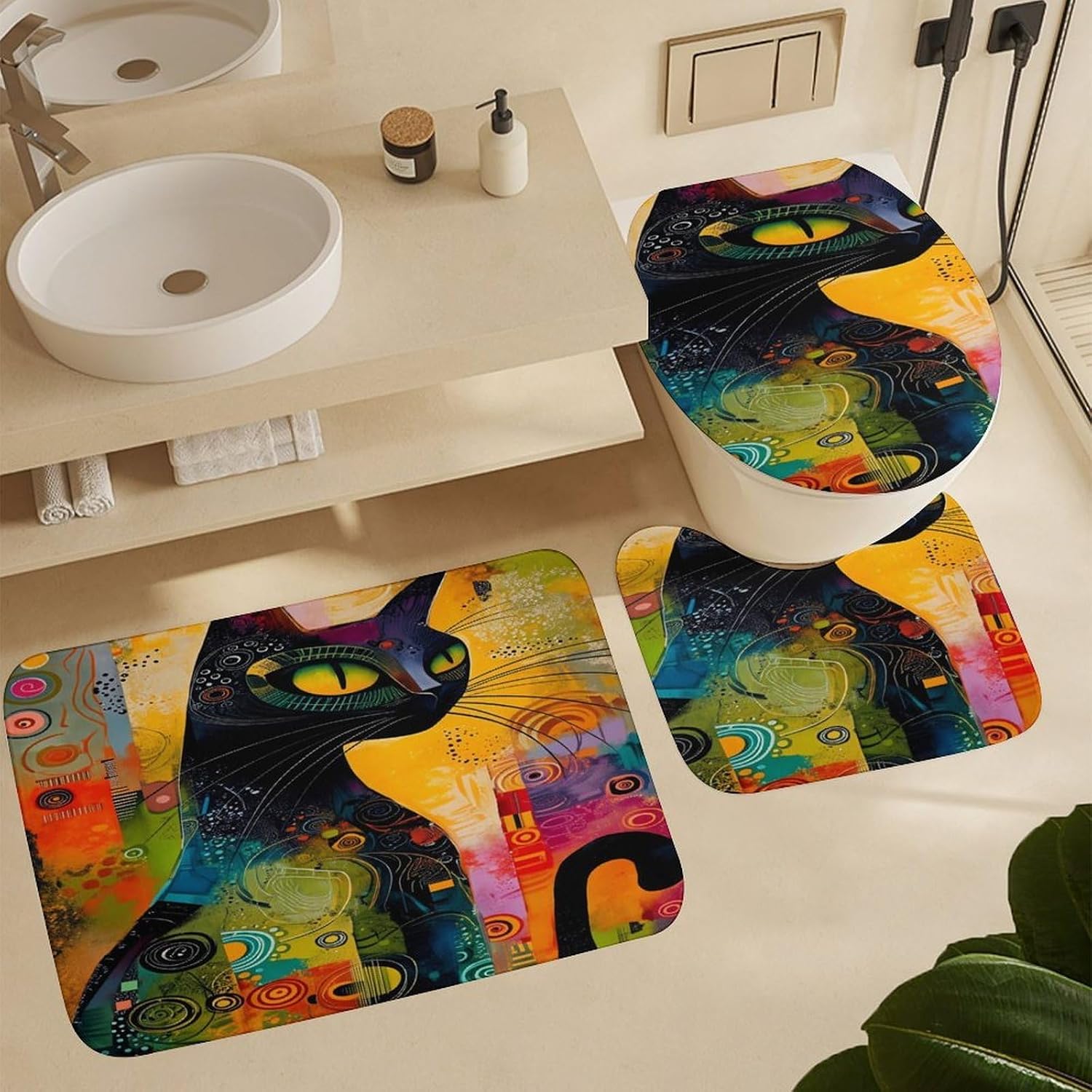 Colorful Cat Abstract Art 4 PCS Bathroom Set with Shower Curtain Rugs, Ultra Soft Coral Fleece Bath Mat, U-Shaped Rug, Toilet Lid Cover, 72" X 72"