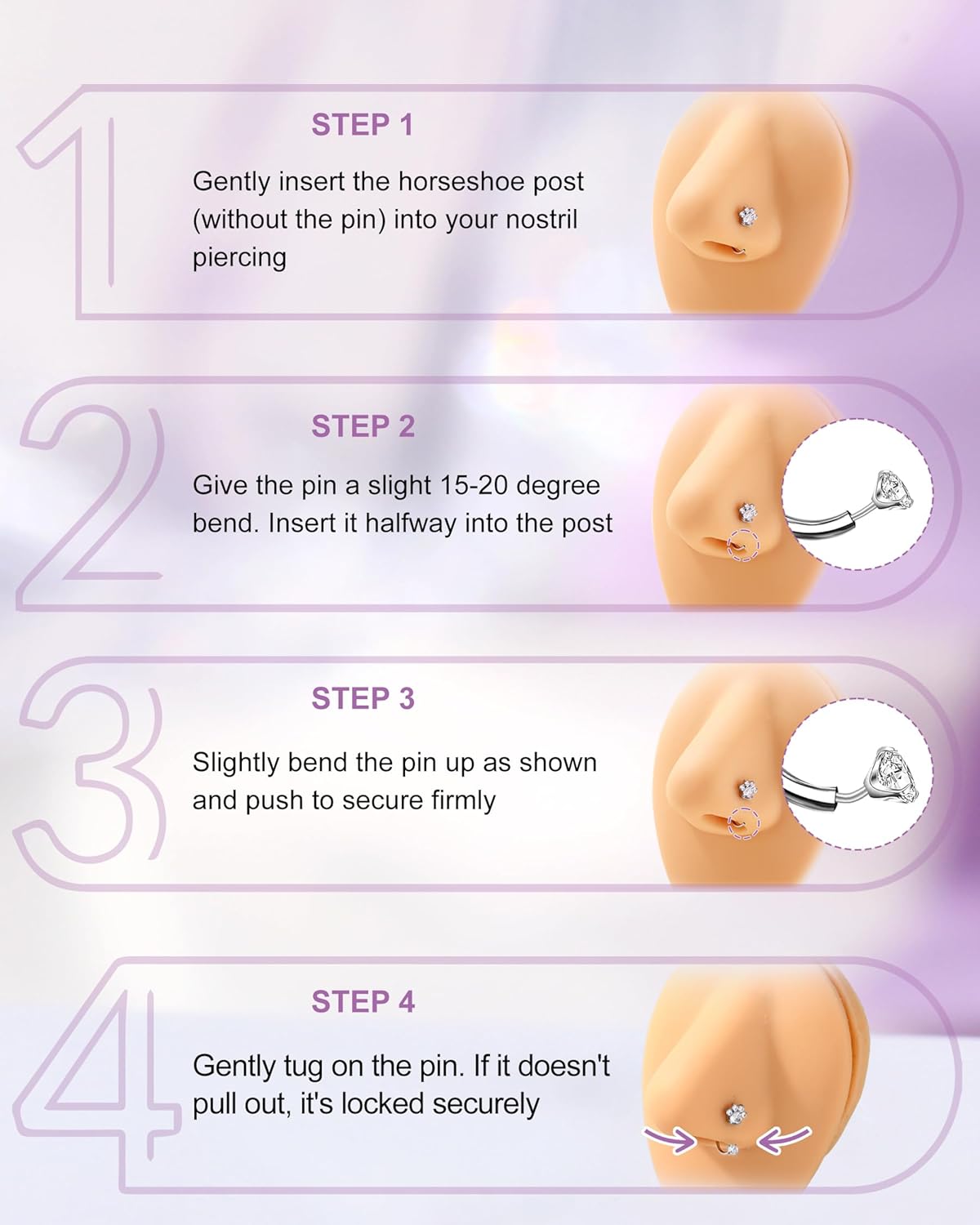 Jewseen 20G Heart Horseshoe Nose Ring 7MM Threadless Lip Piercing Jewelry Push Pin 316L Surgical Steel Nose Ring for Women Double Cubic Zirconia Septum Lip Daith Conch Piercing Jewelry Hypoallergenic - Image 5